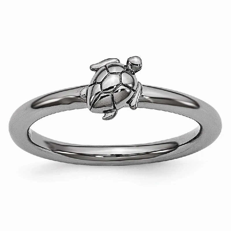 Women's rings agate-slice-Black Plated Sterling Silver Stackable 8mm Sea Turtle Ring