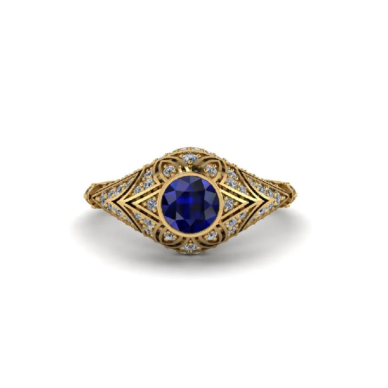 Women's engagement rings curved-halo-Sapphire Bezel Vintage Filigree Engagement Ring - Kendall No. 13