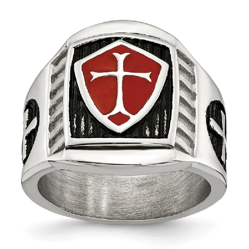 Women's rings satin-edge-Men's 19mm Stainless Steel Red Enamel Cross Shield Tapered Ring