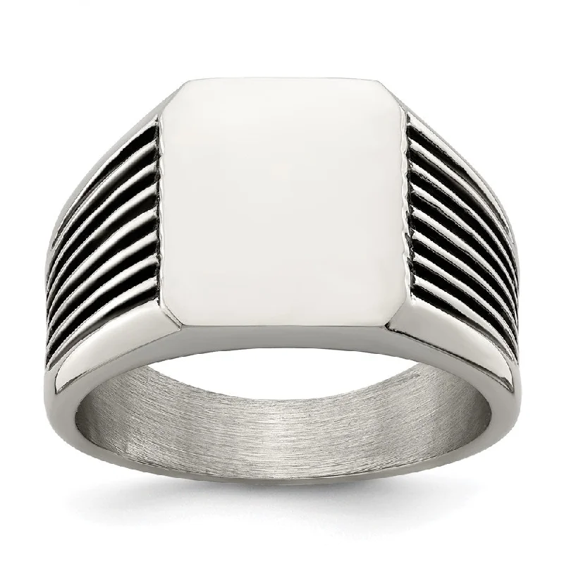 Women's rings glowing-stone-Men's 13mm Stainless Steel & Black Enamel Grooved Tapered Signet Ring