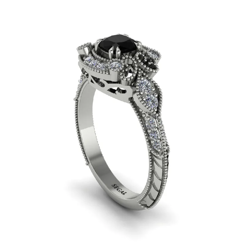 Women's engagement rings luminous-gem-Black Diamond Vintage Filigree Cushion Cut Engagement Ring - Elaina No. 9