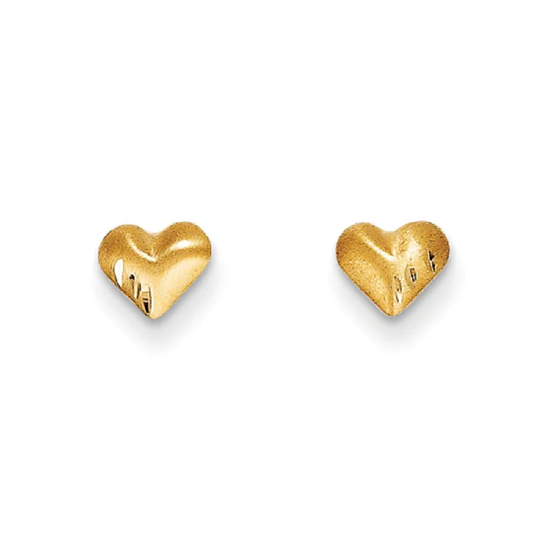 Women's earrings dainty-gem-Kids 14k Yellow Gold Small Satin and Diamond-Cut Puffed Heart Earrings